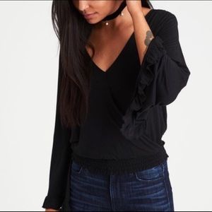 Aeo Soft & Sexy Black Long Bell Sleeve Wrap Blouse